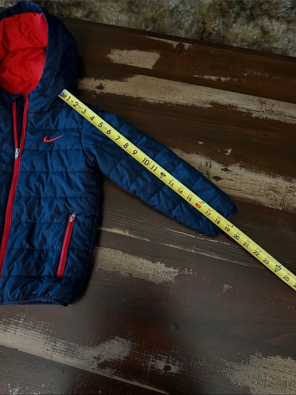 Nike Kids Navy Puffer Jacket with Red Trim and Hood Lining
